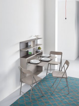 Compo Bureau/Table Extensible TAVOLO 2 avec Bibliothèque mural Gris taupe 3 chaises grises intégrées 